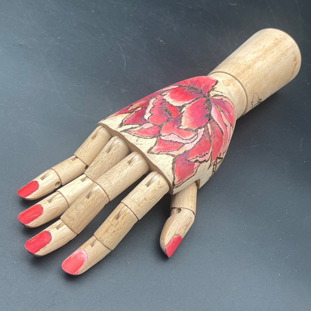 Hand Painted Wood Articulated Artist Mannequin Hand Red Lotus Dragon Decor 10"